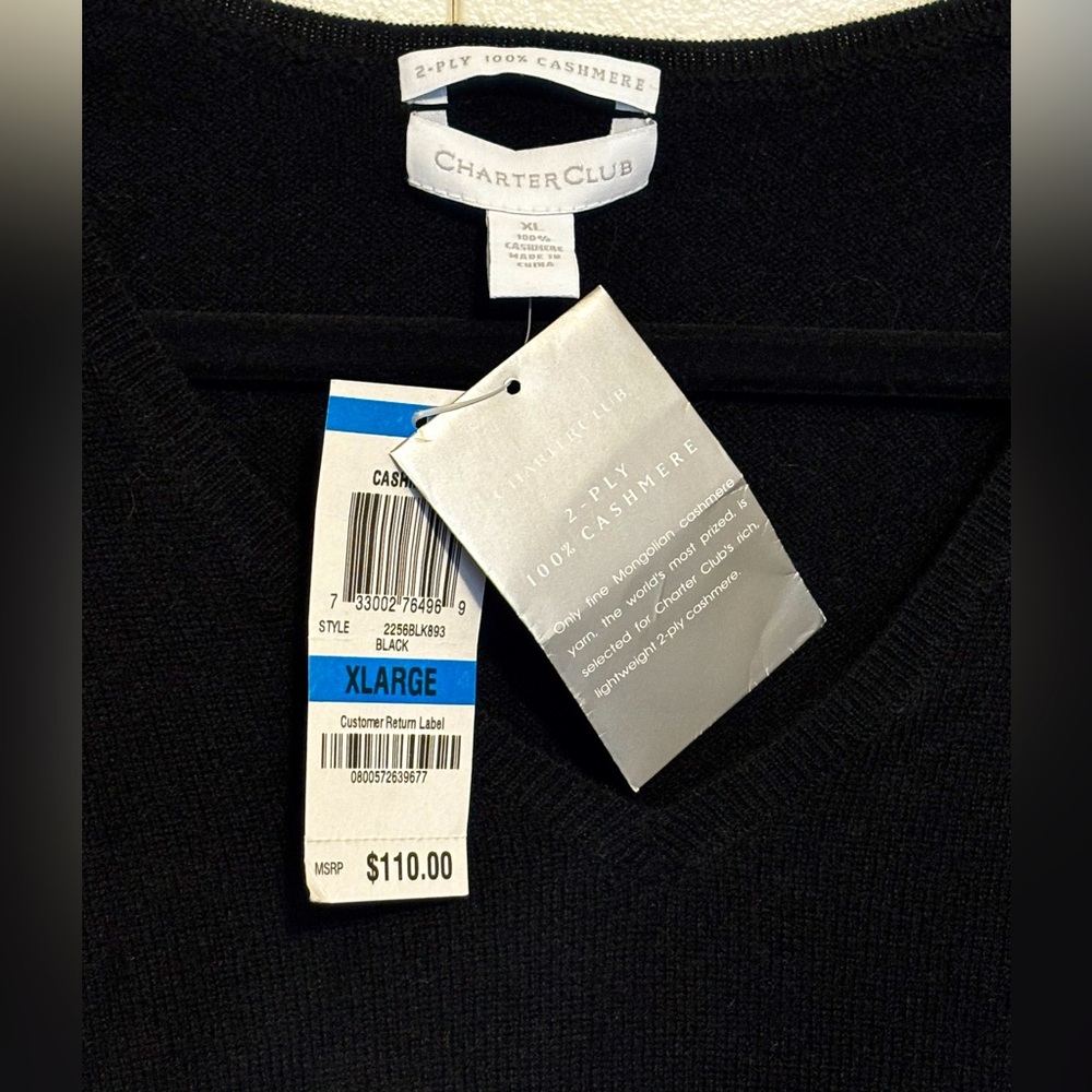Charter Club 100% Cashmere V-neck Black Pullover Sweater